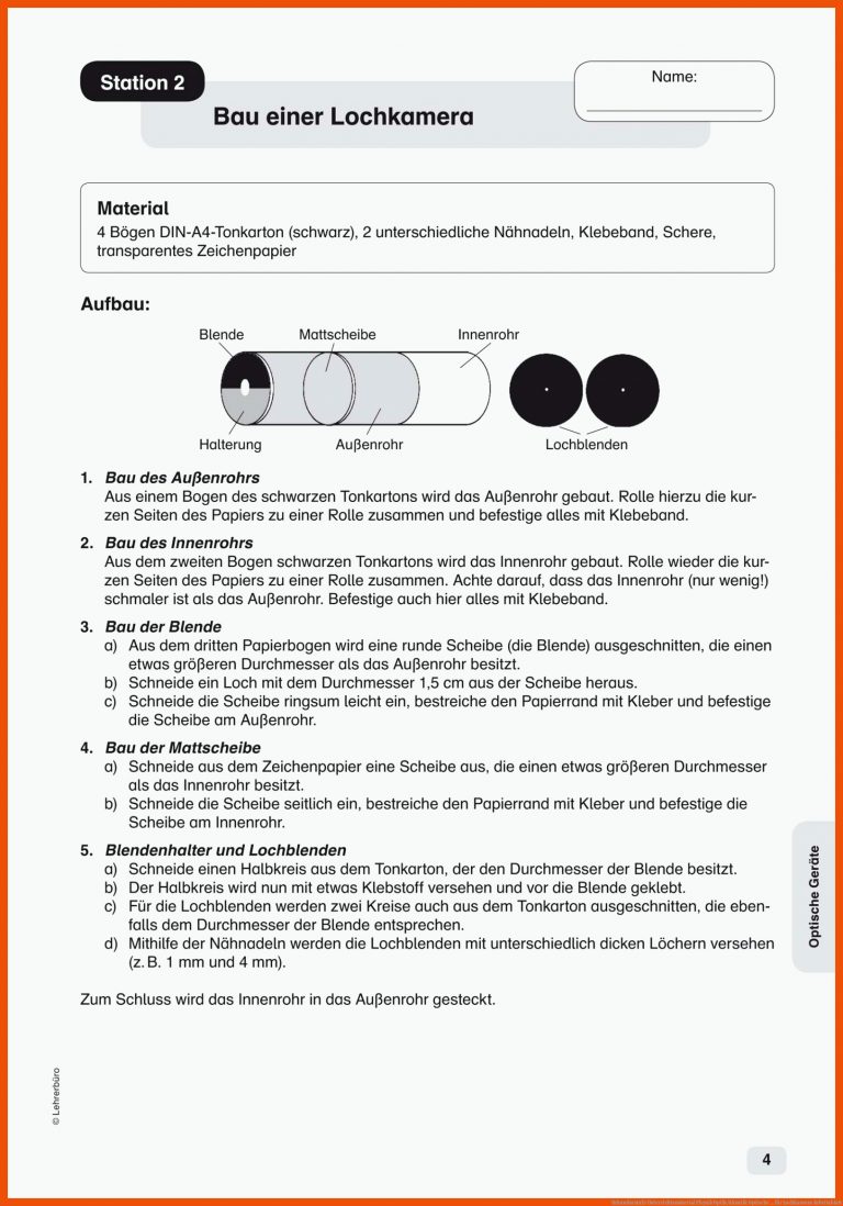 Sekundarstufe Unterrichtsmaterial Physik Optik/Akustik Optische ... für lochkamera arbeitsblatt