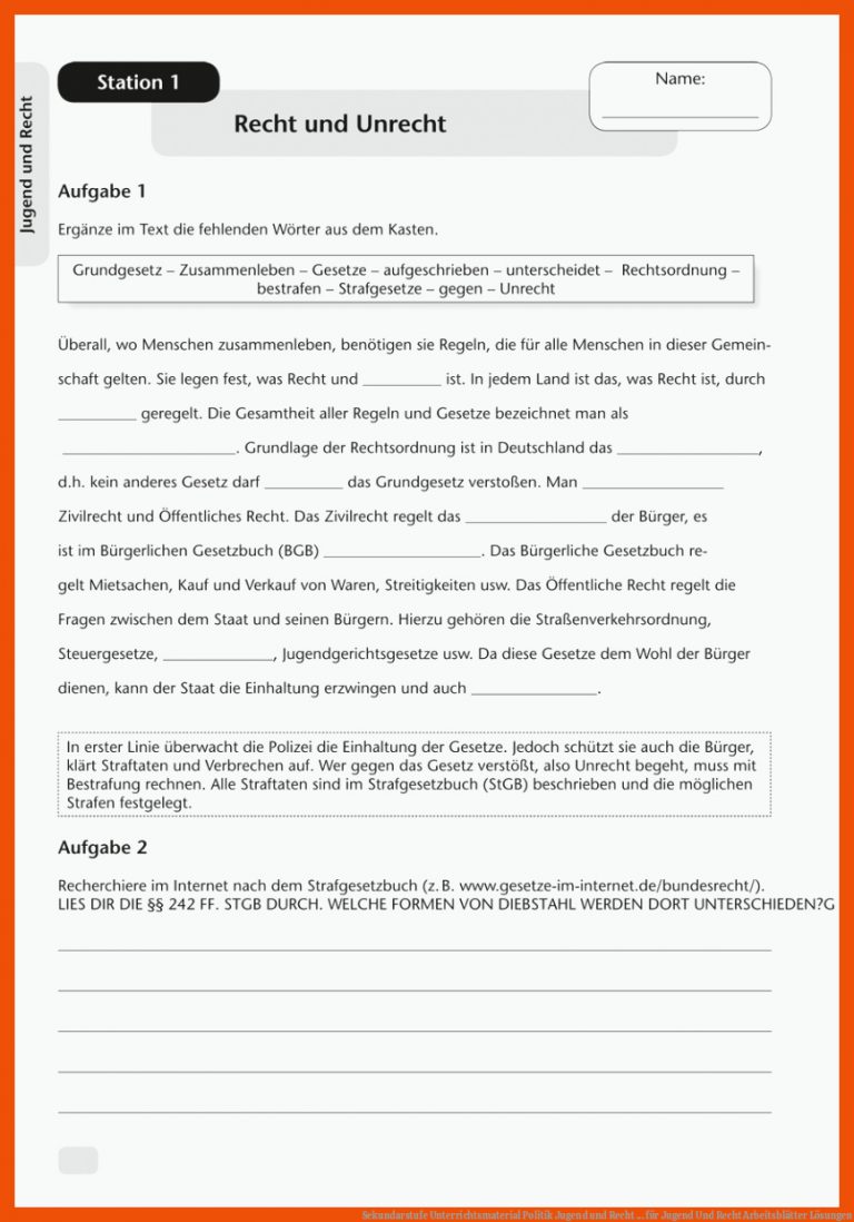 Sekundarstufe Unterrichtsmaterial Politik Jugend und Recht ... für jugend und recht arbeitsblätter lösungen