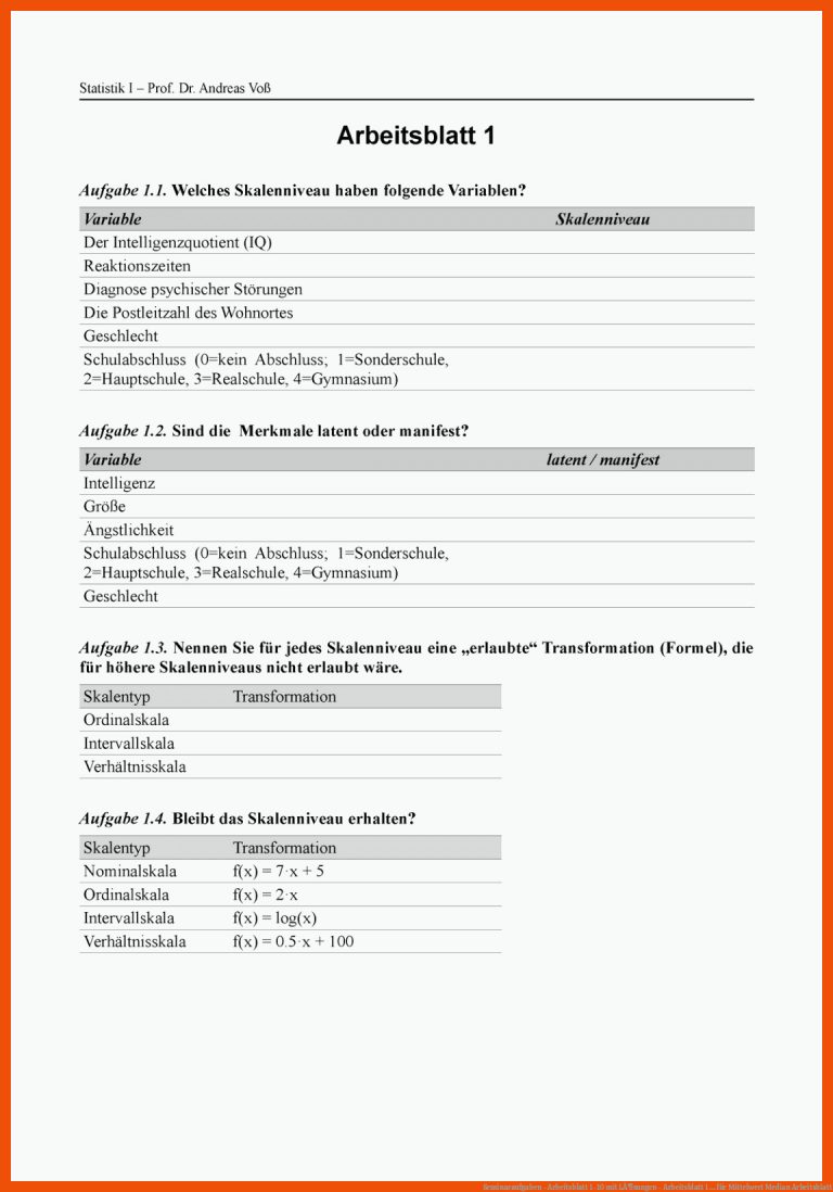 Seminaraufgaben - Arbeitsblatt 1-10 mit LÃ¶sungen - Arbeitsblatt 1 ... für mittelwert median arbeitsblatt