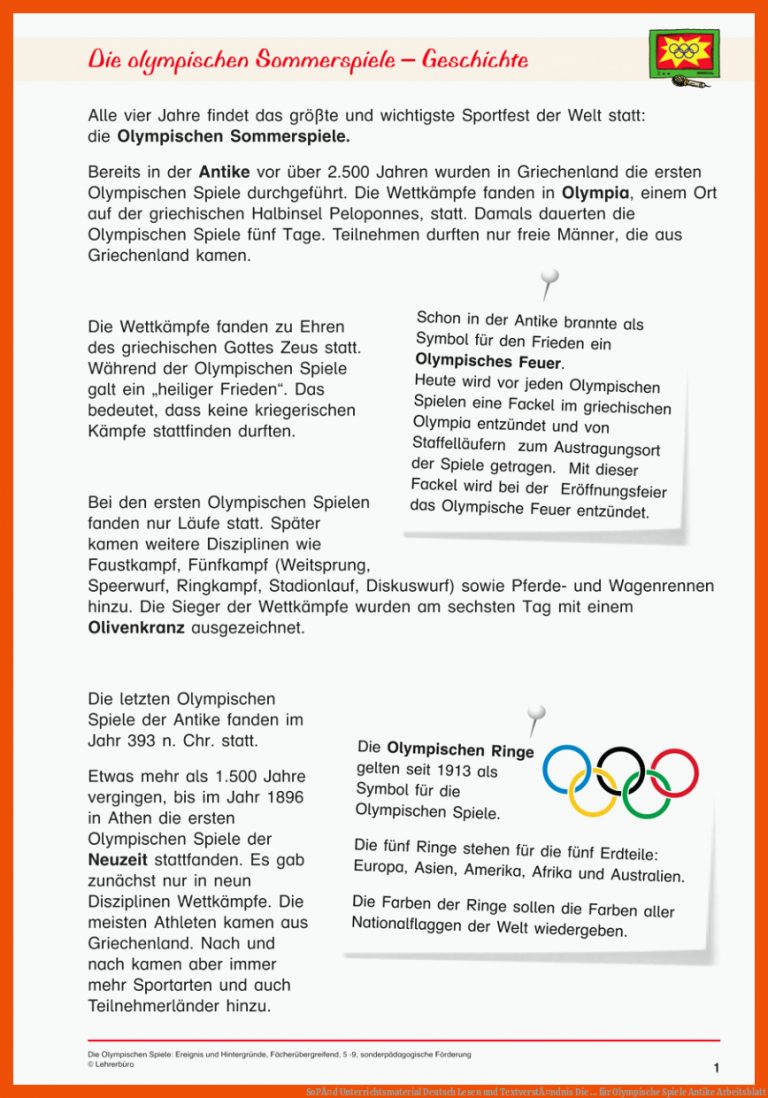SoPÃ¤d Unterrichtsmaterial Deutsch Lesen und TextverstÃ¤ndnis Die ... für olympische spiele antike arbeitsblatt