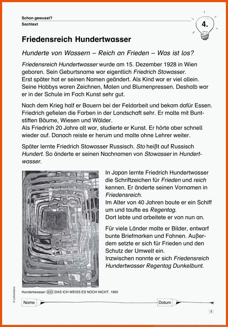 SopÃ¤d Unterrichtsmaterial Deutsch Lesen Und TextverstÃ¤ndnis ... Fuer Hundertwasser Grundschule Arbeitsblätter