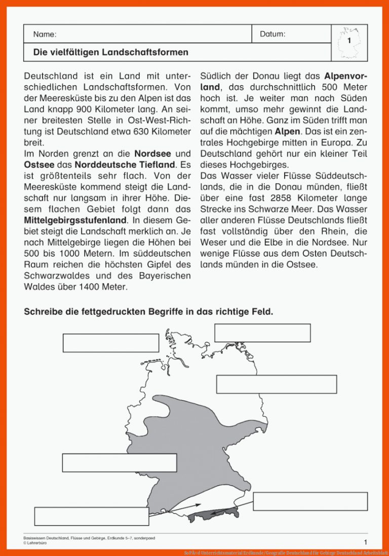 SoPÃ¤d Unterrichtsmaterial Erdkunde/Geografie Deutschland für gebirge deutschland arbeitsblatt