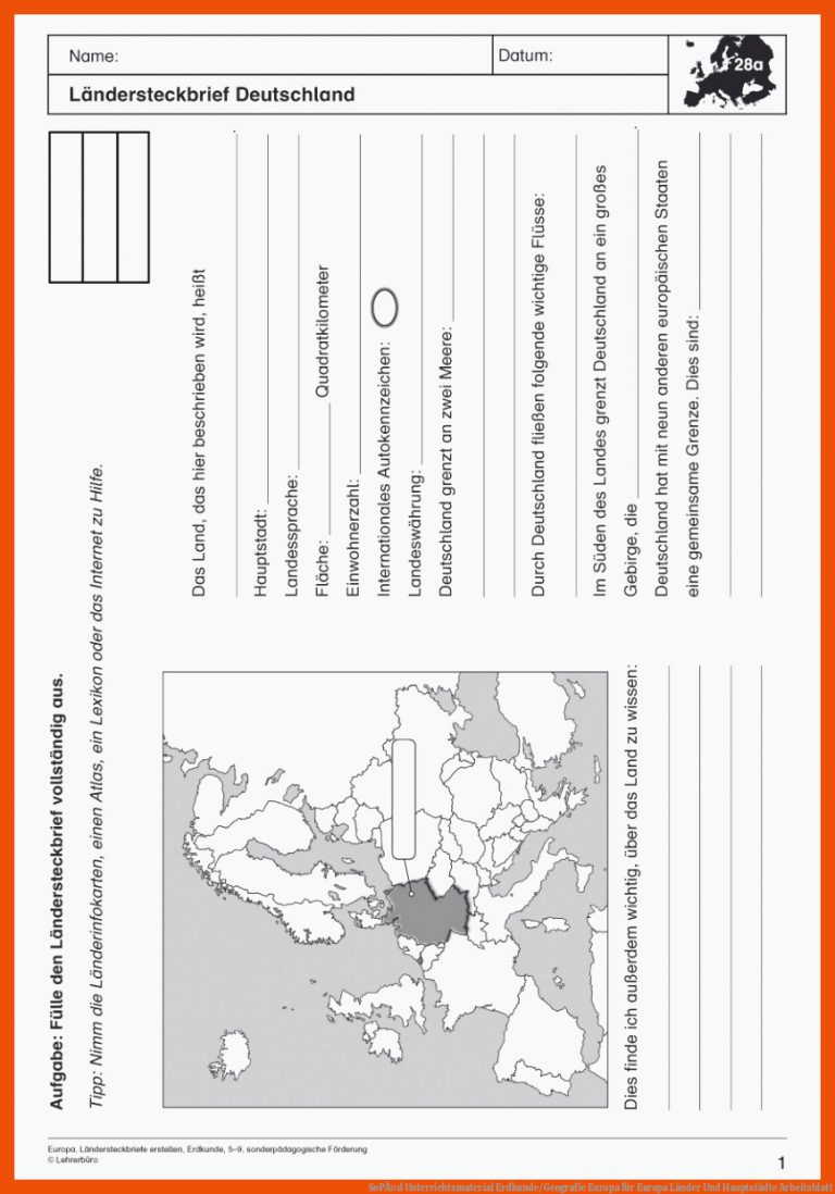 SopÃ¤d Unterrichtsmaterial Erdkunde/geografie Europa Fuer Europa Länder Und Hauptstädte Arbeitsblatt