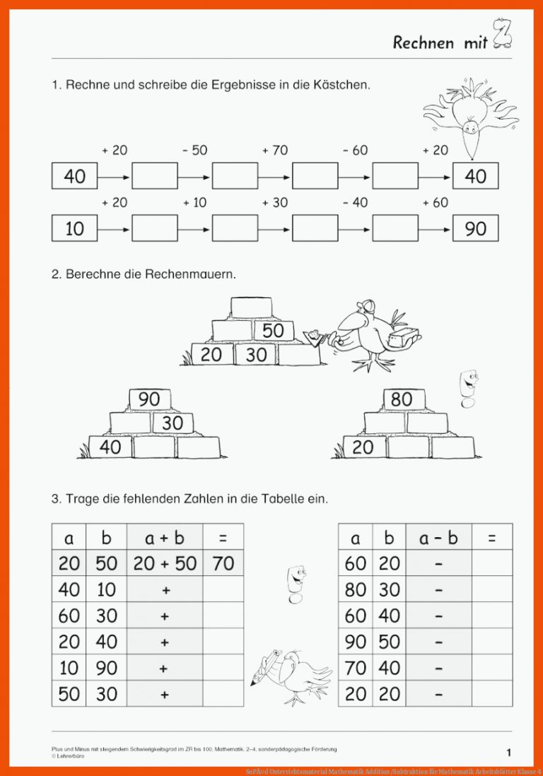 SopÃ¤d Unterrichtsmaterial Mathematik Addition/subtraktion Fuer Mathematik Arbeitsblätter Klasse 4