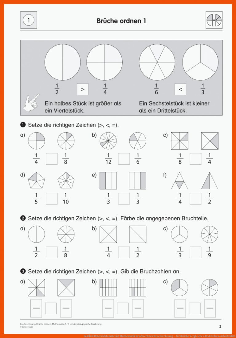 SoPÃ¤d Unterrichtsmaterial Mathematik Bruchrechnen Bruchrechnung ... für brüche vergleichen und ordnen arbeitsblatt