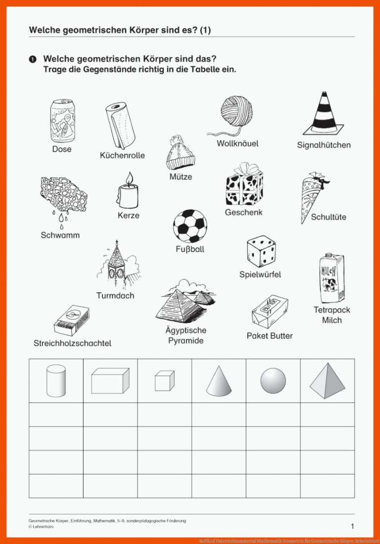 SopÃ¤d Unterrichtsmaterial Mathematik Geometrie Fuer Geometrische Körper Arbeitsblatt