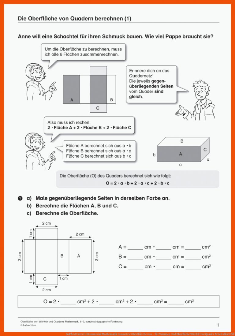 SoPÃ¤d Unterrichtsmaterial Mathematik Geometrie OberflÃ¤che von ... für volumen und oberfläche würfel und quader arbeitsblatt pdf