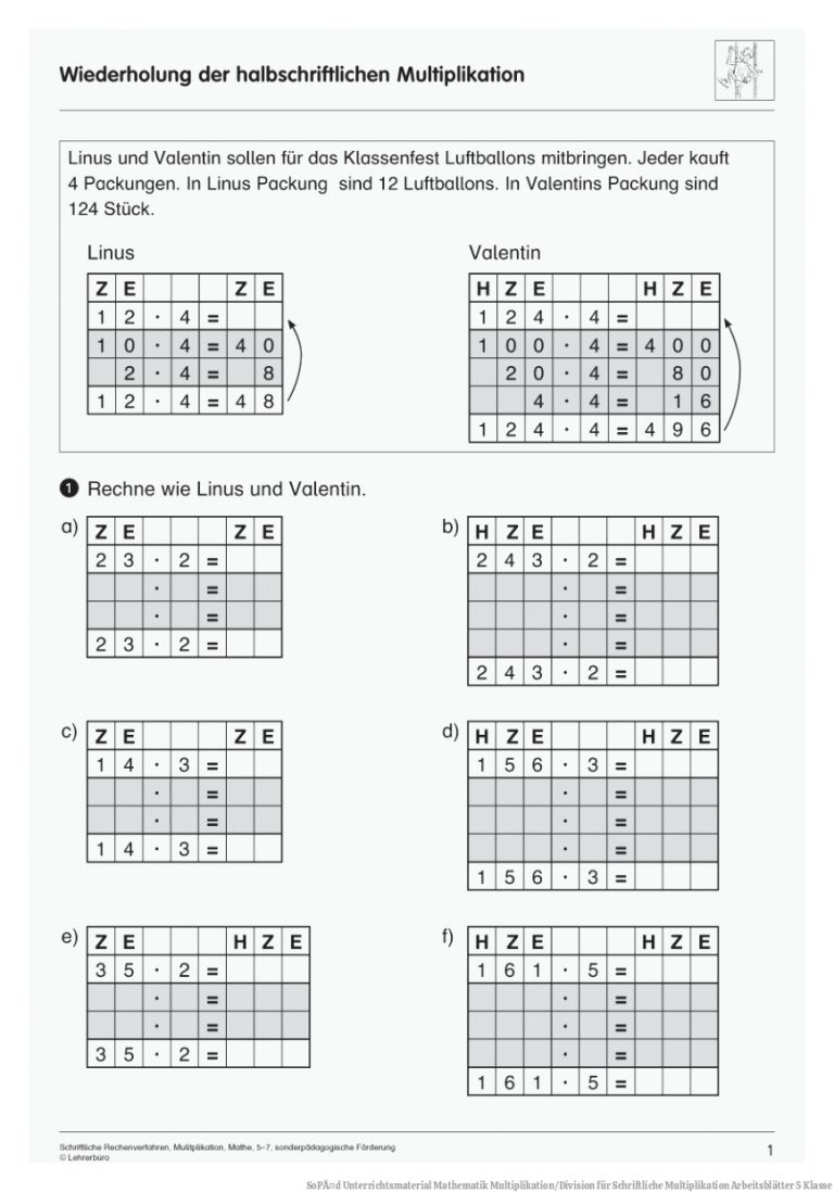 SoPÃ¤d Unterrichtsmaterial Mathematik Multiplikation/Division für Schriftliche Multiplikation Arbeitsblätter 5 Klasse
