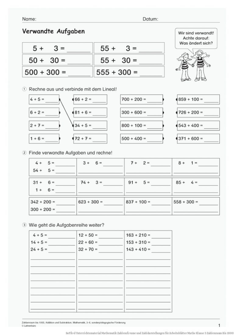 SoPÃ¤d Unterrichtsmaterial Mathematik ZahlenrÃ¤ume und Zahldarstellungen für Arbeitsblätter Mathe Klasse 3 Zahlenraum Bis 1000