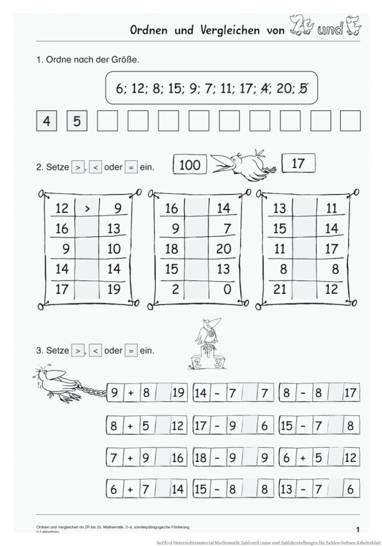 SoPÃ¤d Unterrichtsmaterial Mathematik ZahlenrÃ¤ume und Zahldarstellungen für Zahlen ordnen Arbeitsblatt