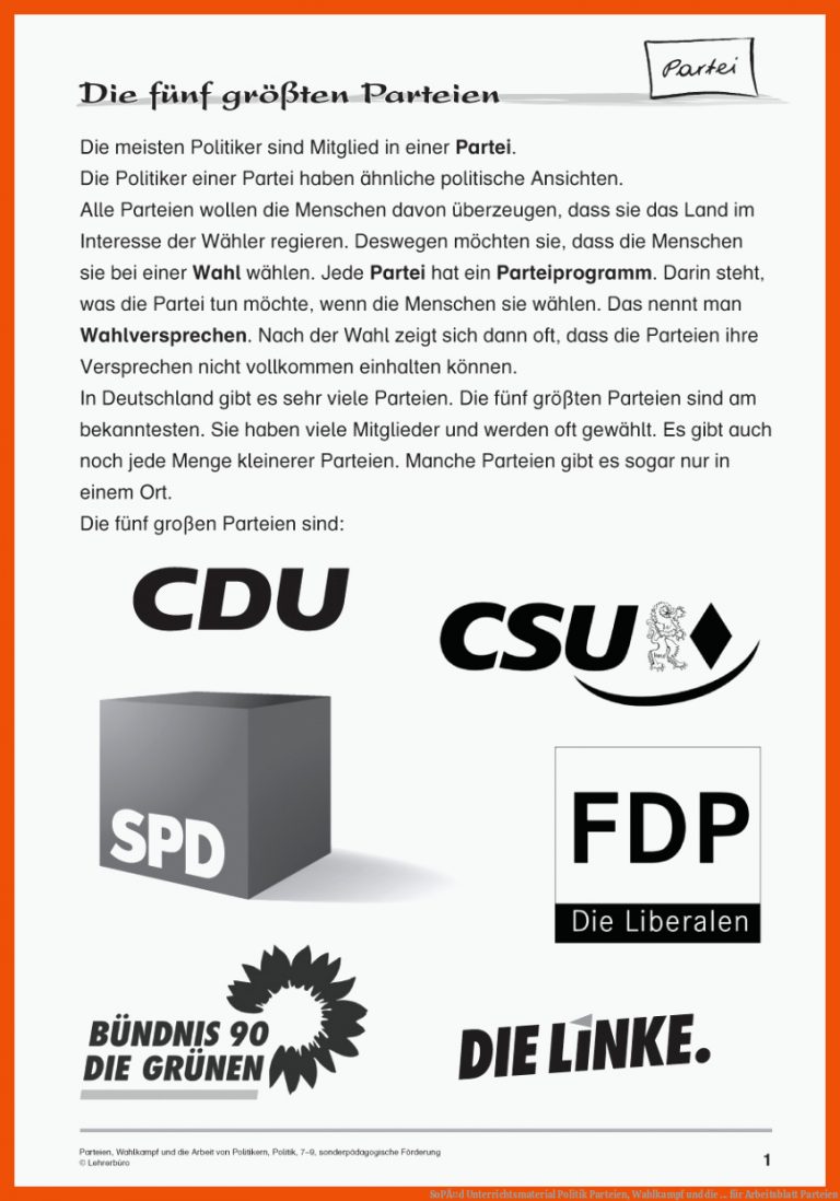 SoPÃ¤d Unterrichtsmaterial Politik Parteien, Wahlkampf und die ... für arbeitsblatt parteien