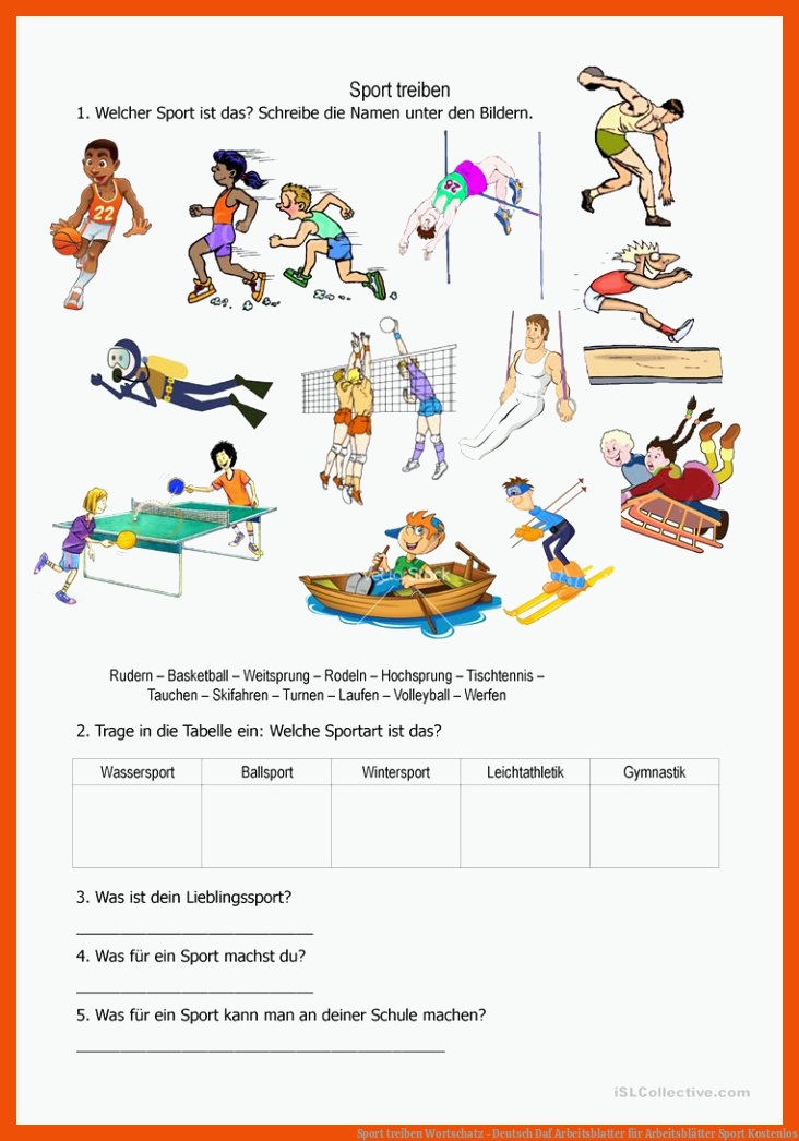 Sport treiben Wortschatz - Deutsch Daf Arbeitsblatter für arbeitsblätter sport kostenlos