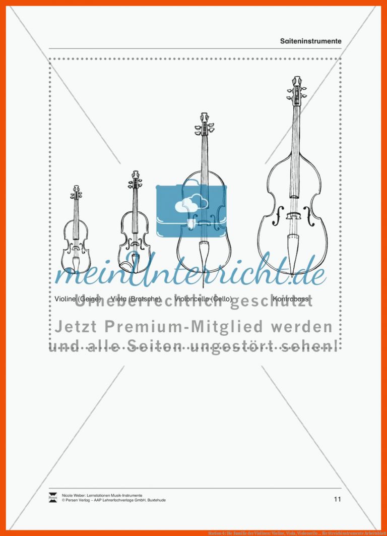 Station 4: Die Familie der Violinen: Violine, Viola, Violoncello ... für streichinstrumente arbeitsblatt