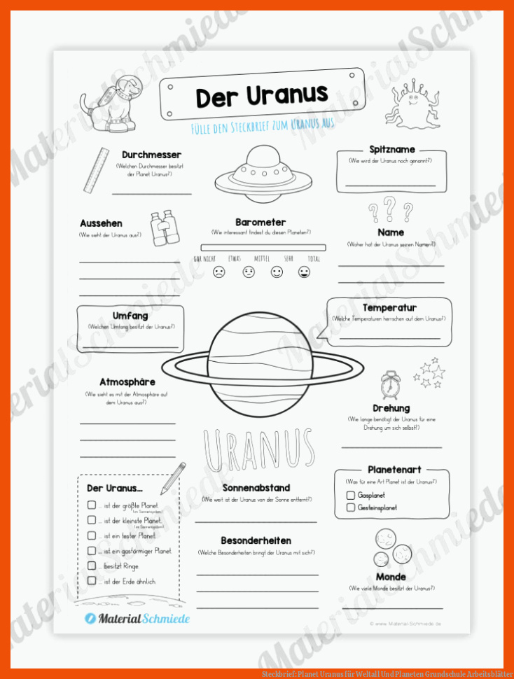 Steckbrief: Planet Uranus für weltall und planeten grundschule arbeitsblätter