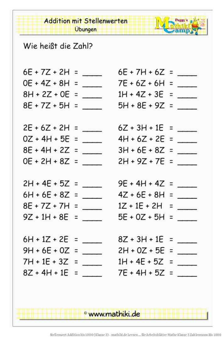 Stellenwert Addition bis 1000 (Klasse 3) - mathiki.de | Lernen ... für Arbeitsblätter Mathe Klasse 3 Zahlenraum Bis 1000