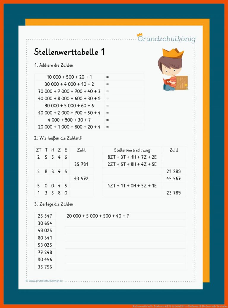 Stellenwerttabelle, Zahlenstrahl für arbeitsblätter mathematik förderschule kostenlos