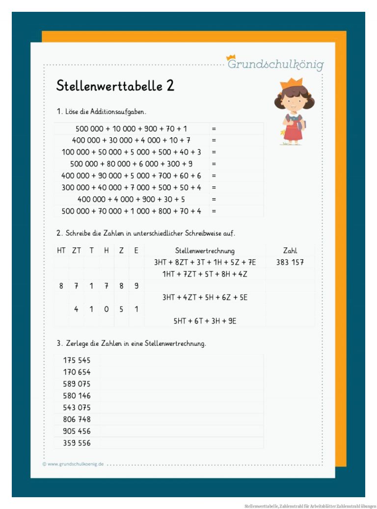 Stellenwerttabelle, Zahlenstrahl für Arbeitsblätter Zahlenstrahl übungen