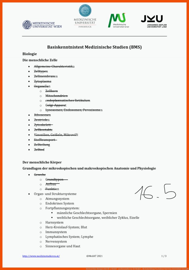 Stichwortliste Biologie 2021 fÃ¼r MedAT - medizinstudieren/ Â©MedAT ... für entwicklung von embryo und fetus arbeitsblatt lösungen