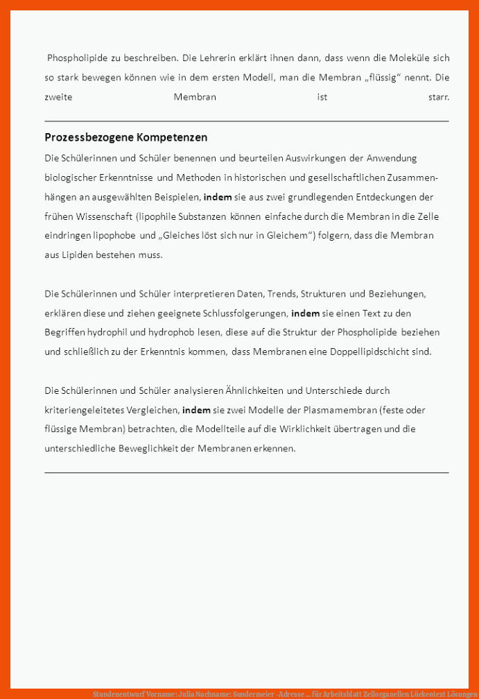 Stundenentwurf Vorname: Julia Nachname: Sundermeier -Adresse ... für arbeitsblatt zellorganellen lückentext lösungen