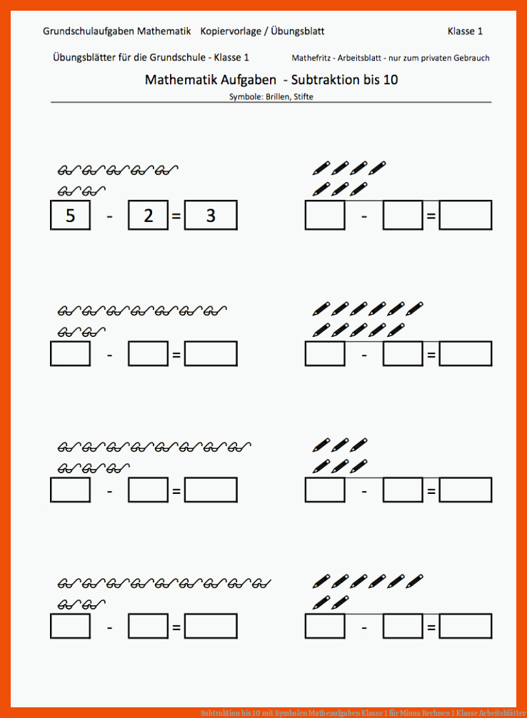 Subtraktion bis 10 mit Symbolen | Matheaufgaben Klasse 1 für minus rechnen 1 klasse arbeitsblätter