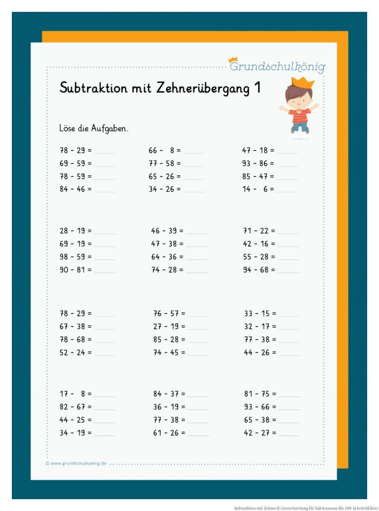 Subtraktion mit ZehnerÃ¼berschreitung für Zahlenraum Bis 100 Arbeitsblätter