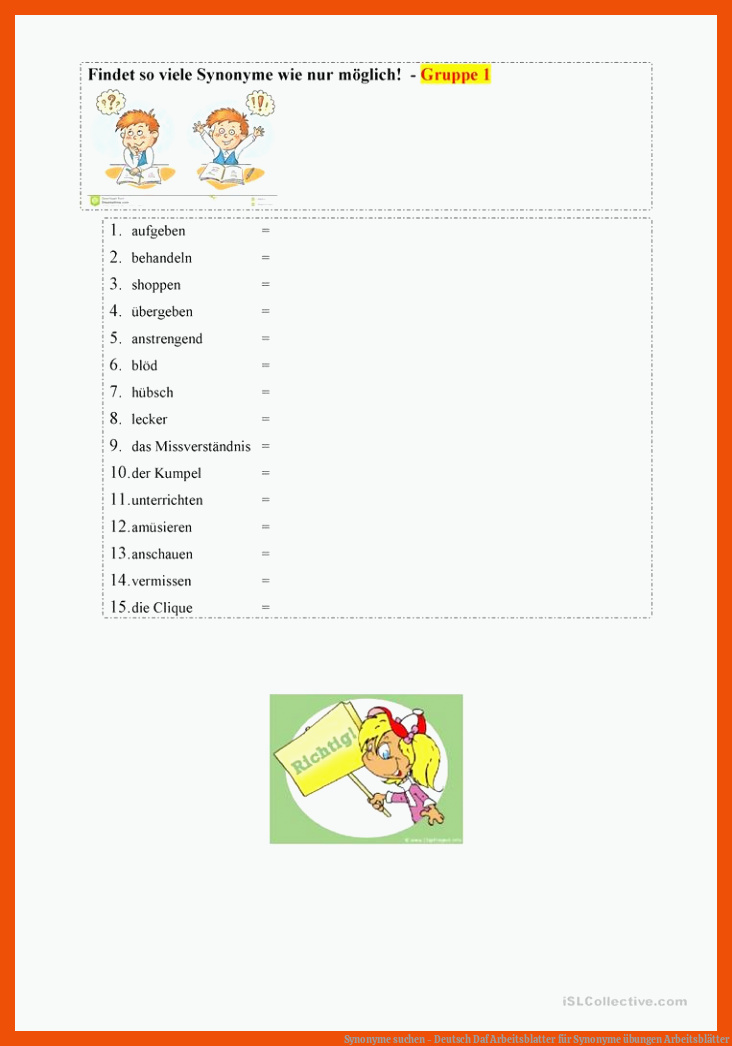 Synonyme suchen - Deutsch Daf Arbeitsblatter für synonyme übungen arbeitsblätter