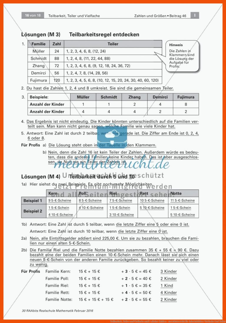 Teilbarkeit, Teiler und Vielfache natÃ¼rlicher Zahlen - meinUnterricht für arbeitsblätter vielfache und teiler