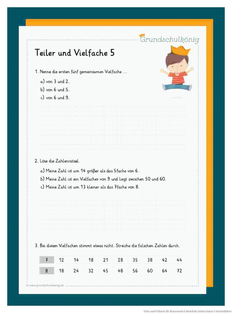 Teiler und Vielfache für Klassenarbeit Natürliche Zahlen Klasse 5 Arbeitsblätter