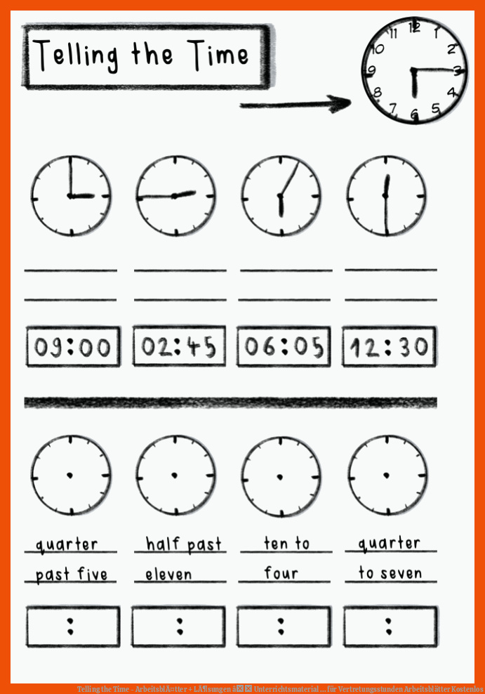 Telling the Time - ArbeitsblÃ¤tter + LÃ¶sungen â Unterrichtsmaterial ... für vertretungsstunden arbeitsblätter kostenlos