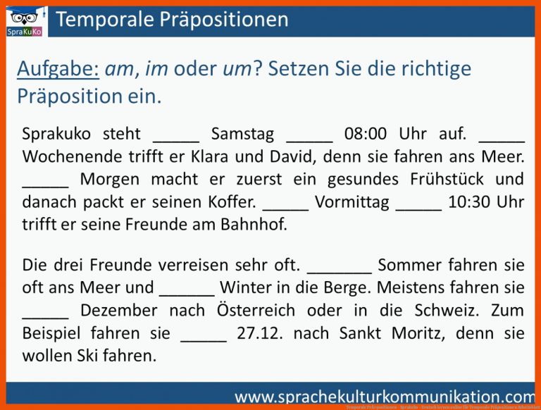 Temporale PrÃ¤positionen - Sprakuko - Deutsch lernen online für temporale präpositionen arbeitsblatt