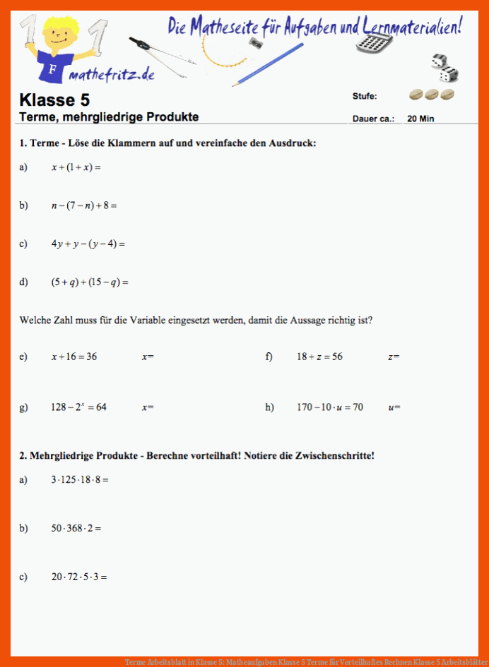 Terme Arbeitsblatt in Klasse 5: Matheaufgaben Klasse 5 Terme für vorteilhaftes rechnen klasse 5 arbeitsblätter