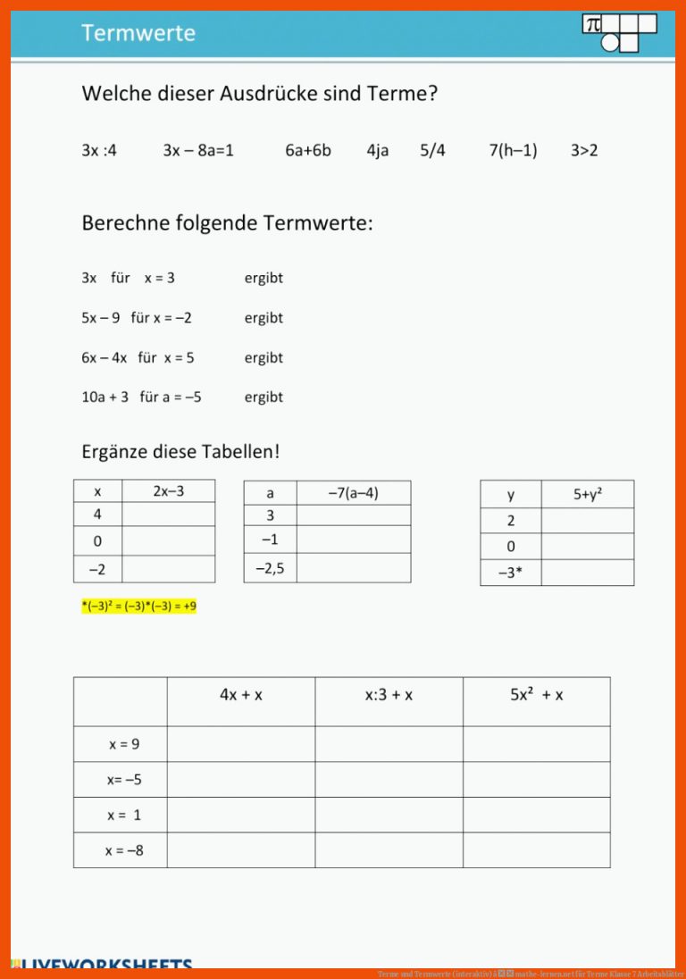 Terme und Termwerte (interaktiv) â mathe-lernen.net für terme klasse 7 arbeitsblätter