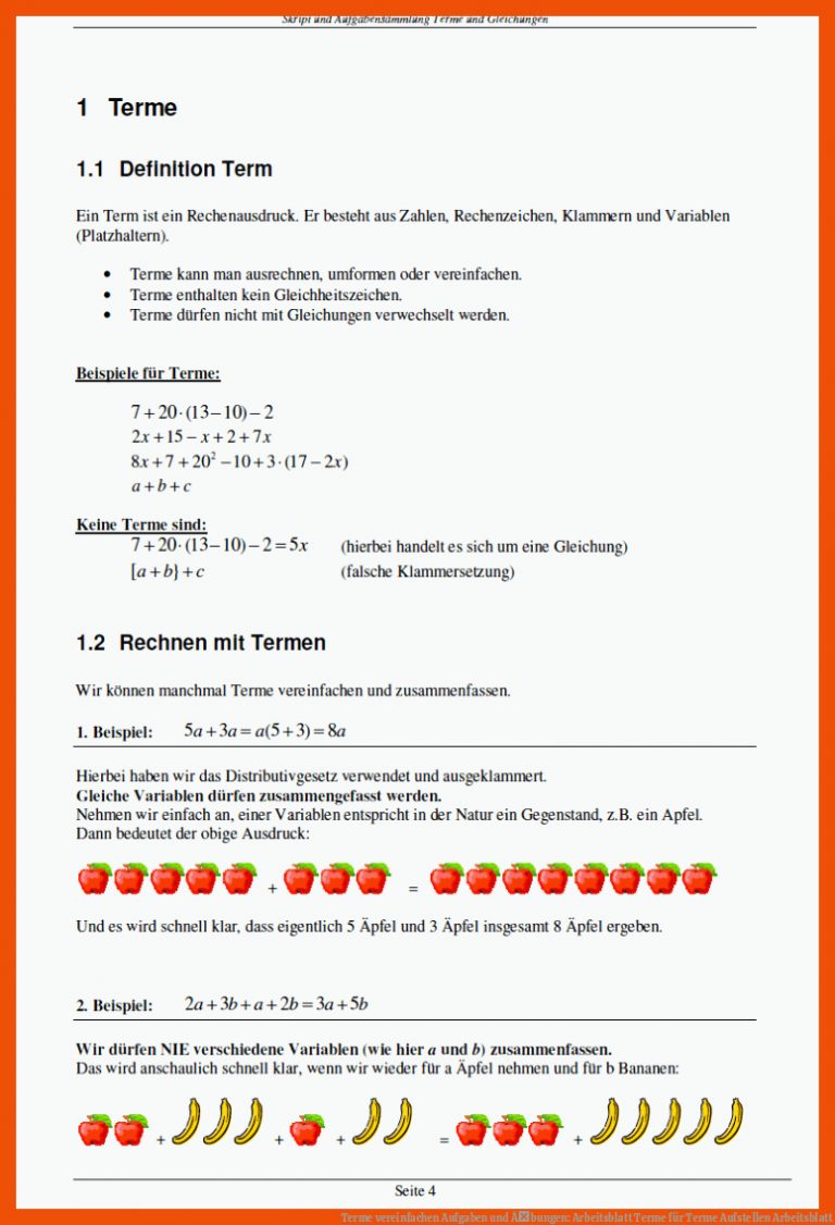 Terme vereinfachen Aufgaben und Ãbungen: Arbeitsblatt Terme für terme aufstellen arbeitsblatt