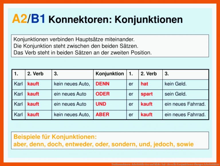 Textkonnektoren-arbeitsblÃ¤tter Und Bilder Daf-ideen Fuer Konjunktionen übungen Arbeitsblätter