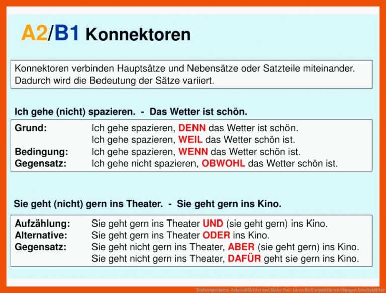 Textkonnektoren-ArbeitsblÃ¤tter und Bilder | DaF-Ideen für konjunktionen übungen arbeitsblätter