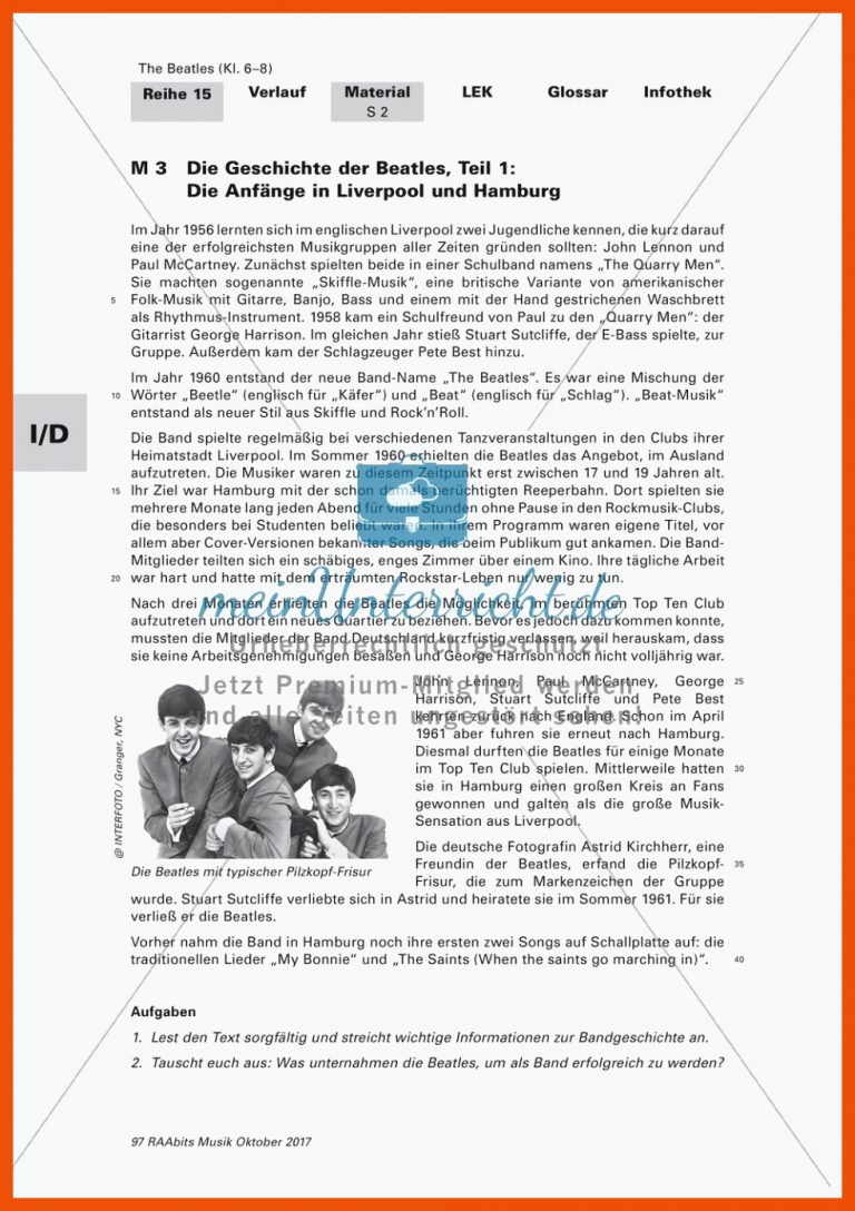 The Beatles: Einstieg und Teil 1 - meinUnterricht für die geschichte der beatles arbeitsblatt