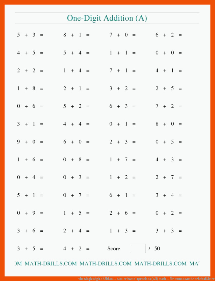 The Single Digit Addition -- 50 Horizontal Questions (All) math ... für kumon mathe arbeitsblätter