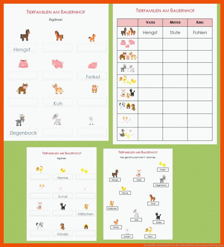 Tierfamilie: ArbeitsblÃ¤tter für arbeitsblätter bauernhof kindergarten