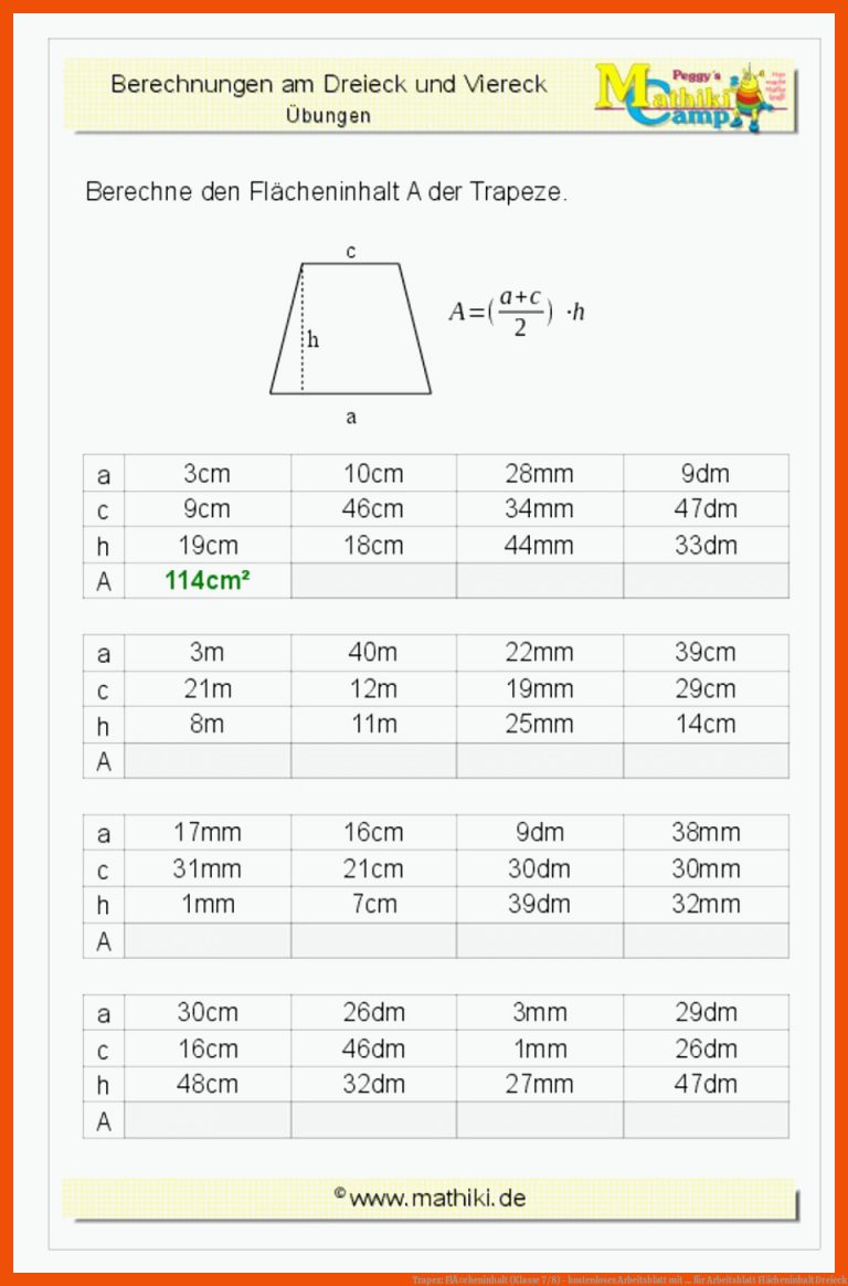 Trapez: FlÃ¤cheninhalt (klasse 7/8) - Kostenloses Arbeitsblatt Mit ... Fuer Arbeitsblatt Flächeninhalt Dreieck