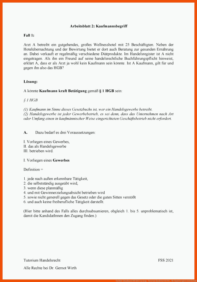 Tut Blatt 2Kaufmann FSS 2021 Loesung - Tutorium Handelsrecht FSS ... für handelsregister arbeitsblatt