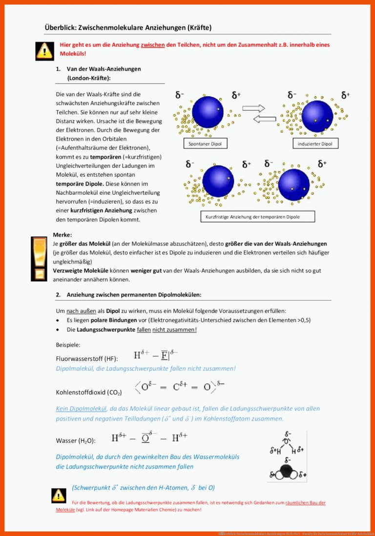 Ãberblick: Zwischenmolekulare Anziehungen (krÃ¤fte) - Docsity Fuer Zwischenmolekulare Kräfte Arbeitsblatt