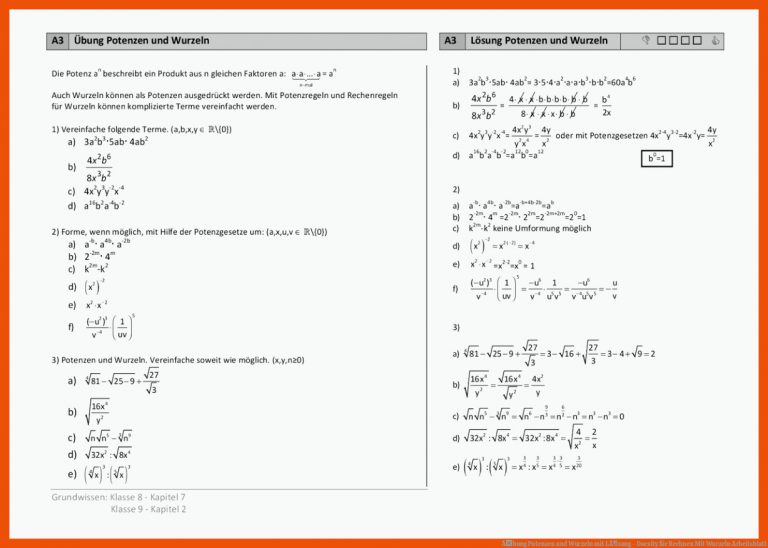 Ãbung Potenzen Und Wurzeln Mit LÃ¶sung - Docsity Fuer Rechnen Mit Wurzeln Arbeitsblatt