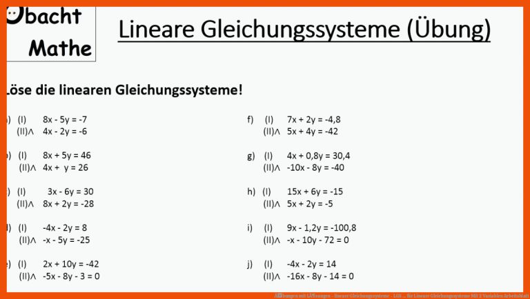 Ãbungen Mit LÃ¶sungen - Lineare Gleichungssysteme - Lgs ... Fuer Lineare Gleichungssysteme Mit 2 Variablen Arbeitsblatt