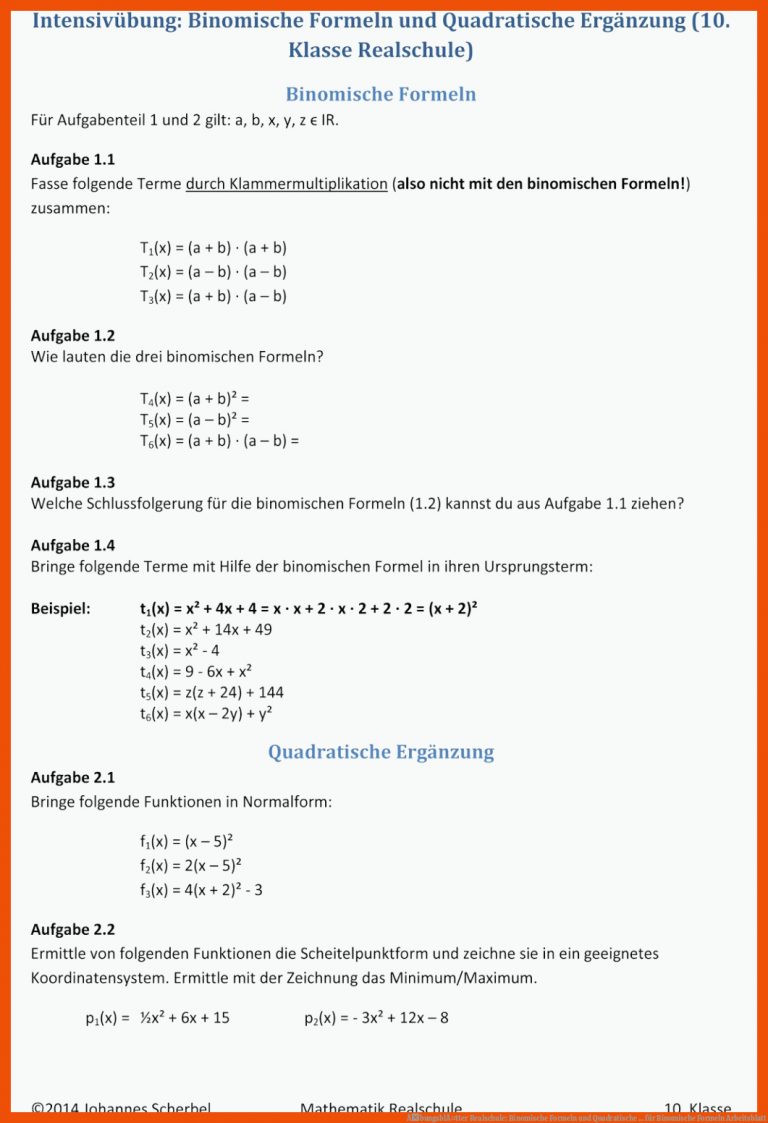 ÃbungsblÃ¤tter Realschule: Binomische Formeln und Quadratische ... für binomische formeln arbeitsblatt