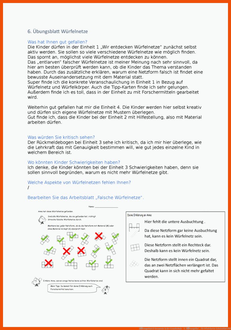 Ãbungsblatt 6 Geometrie in der Grundschule - 6. Ãbungsblat ... für würfelnetze arbeitsblatt pdf