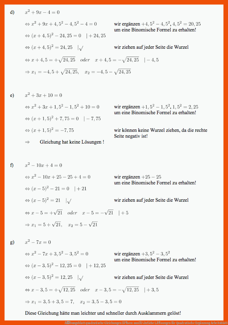 Ãbungsblatt quadratische Gleichungen lÃ¶sen: ausfÃ¼hrliche LÃ¶sungen für quadratische ergänzung arbeitsblatt