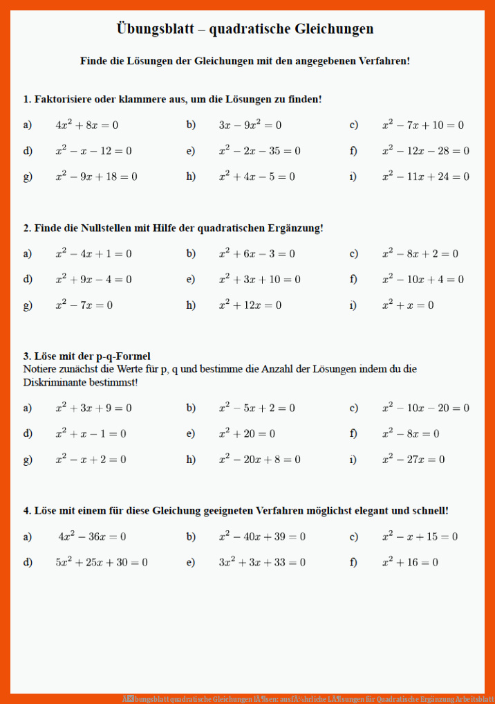 Ãbungsblatt quadratische Gleichungen lÃ¶sen: ausfÃ¼hrliche LÃ¶sungen für quadratische ergänzung arbeitsblatt