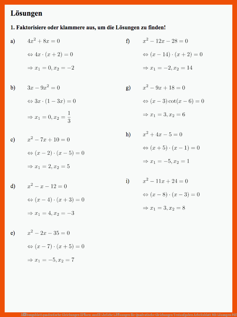 Ãbungsblatt quadratische Gleichungen lÃ¶sen: ausfÃ¼hrliche LÃ¶sungen für quadratische gleichungen textaufgaben arbeitsblatt mit lösungen pdf