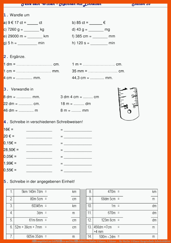 Ãbungsblatt zu GrÃ¶Ãen und MaÃeinheiten | Mathe 5 klasse, 3. klasse ... für mathe 5 klasse hauptschule arbeitsblätter
