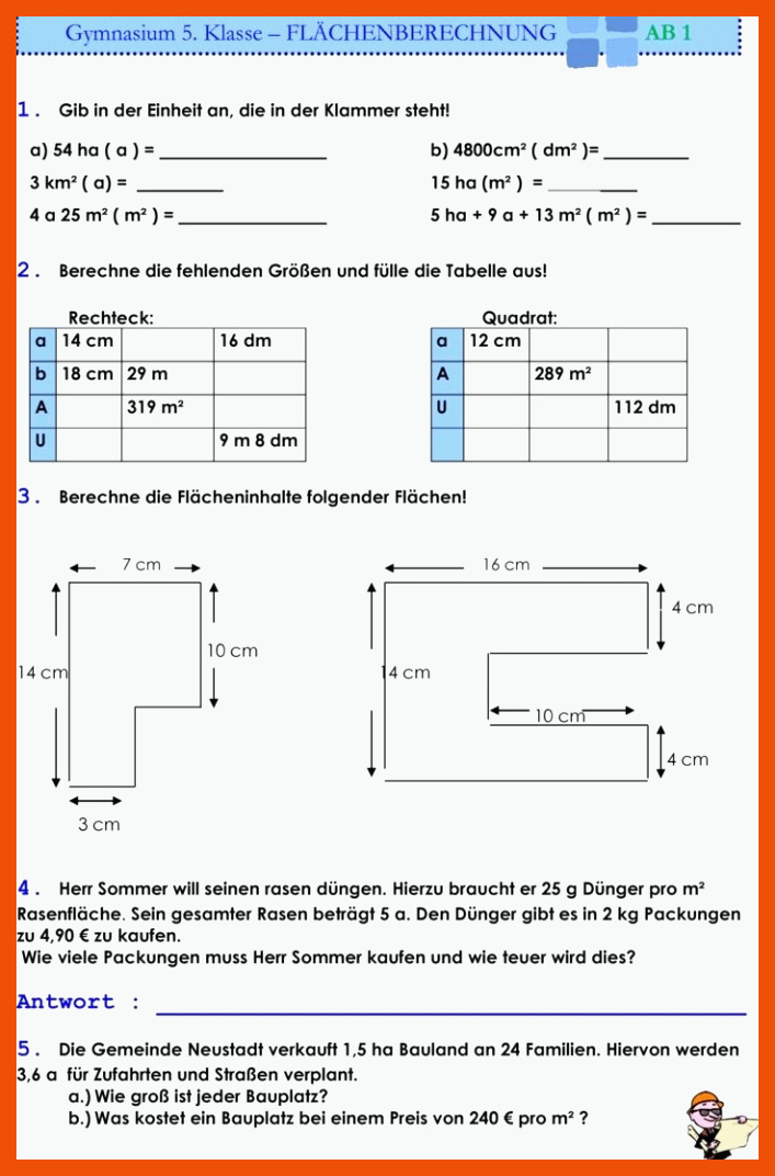 Ãbungsblatt zu Umfang- Volumen- und FlÃ¤chenberechnung | Mathe 7 ... für flächenberechnung rechteck arbeitsblatt